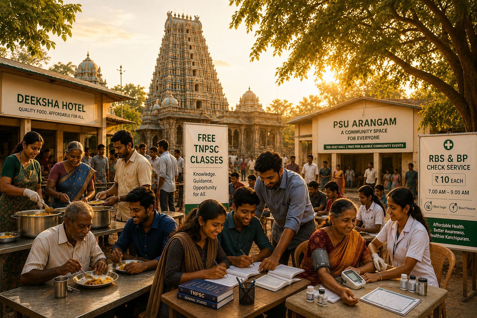 Volunteers from PSU Lagarakshagan Foundation serving meals, teaching TNPSC coaching, and running a health checkup camp in Kanchipuram