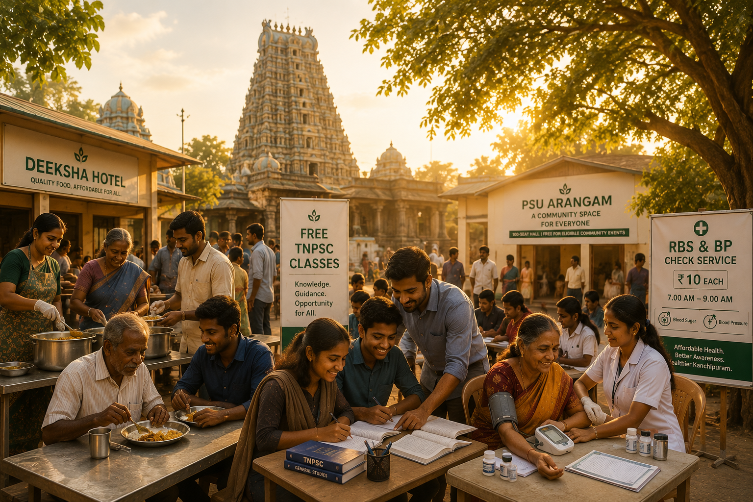 Volunteers from PSU Lagarakshagan Foundation serving meals, teaching TNPSC coaching, and running a health checkup camp in Kanchipuram